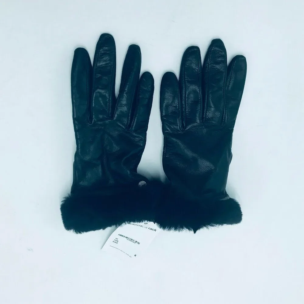 Ugg Women's Medium Fashion Shorty Gloves Leather Fur Trim Black NWT $110